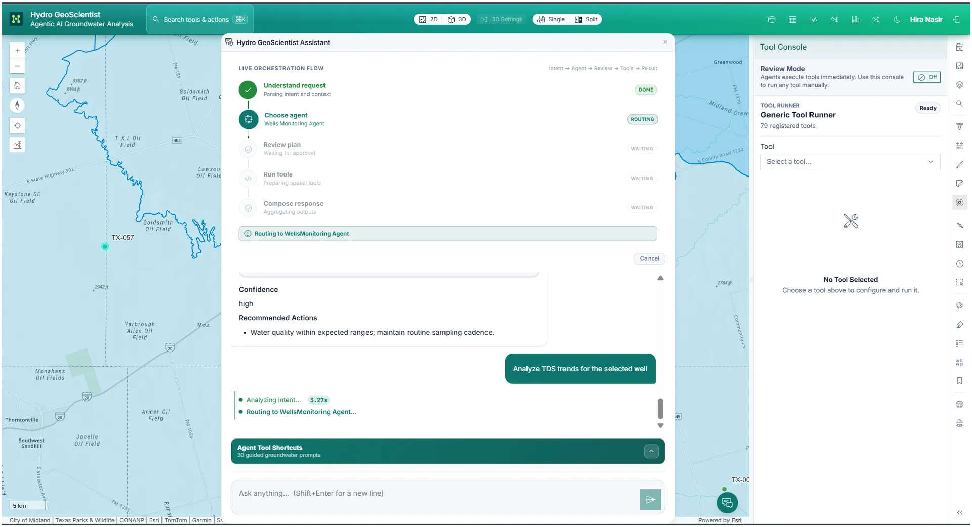 AI agent result shown alongside geospatial evidence.